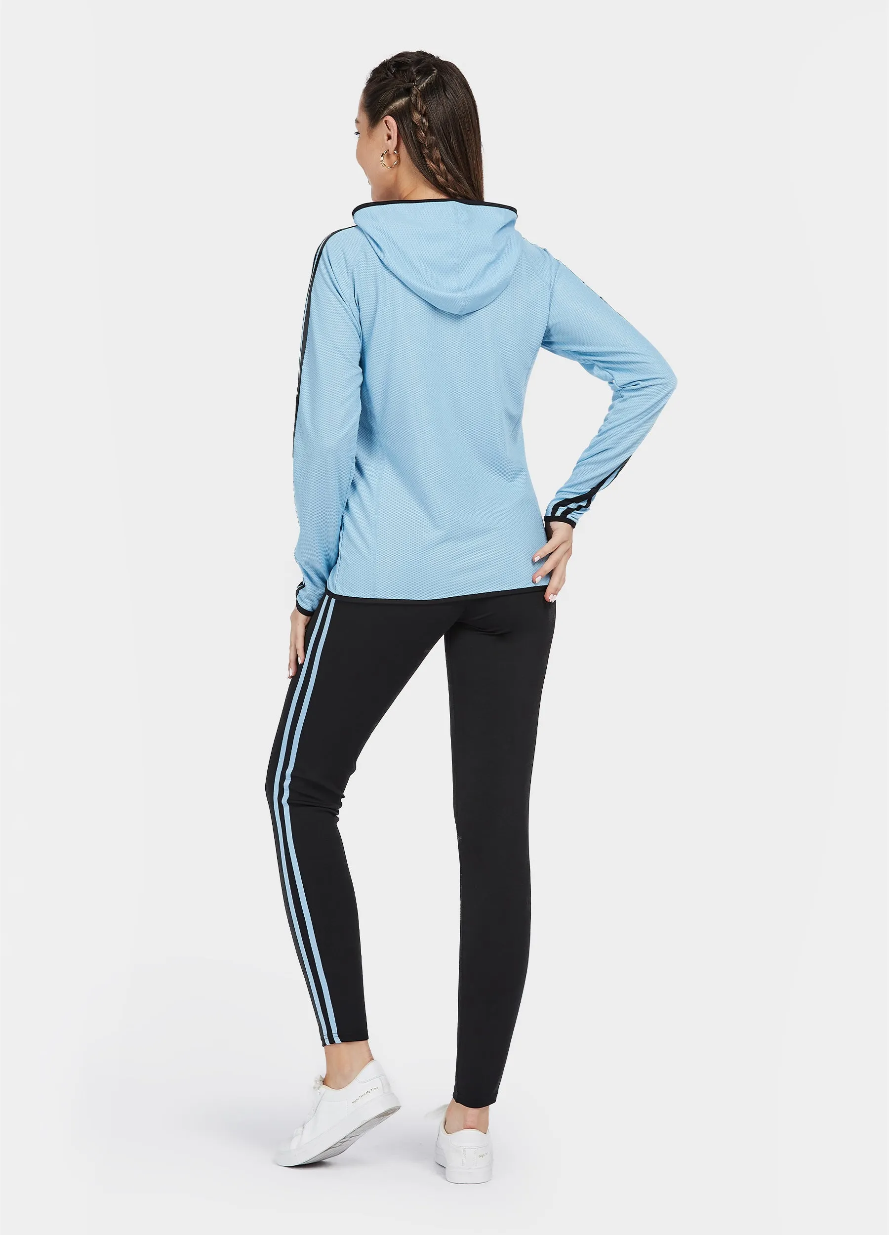 4POSE Women's Fall Zip Hooded Dual Pockets Jacket And Sidestripe Leggings Sport Set