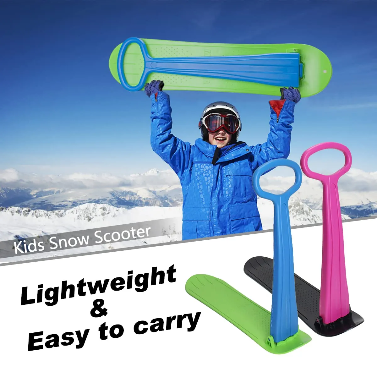 AQUARM Snow Scooter Sled for Kids Winter Outdoor Sports, Fold-up Snowboard with Handlebar, Plastic Ski Scooter Lightweight & Wear-Resistant for 5  Years Old Boys Girls, 36inch (Blue,Green)