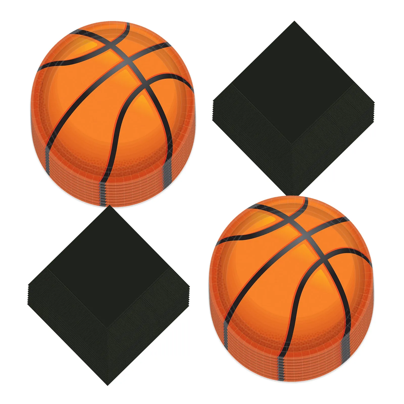 Basketball Party Large Round Paper Dinner Plates and Solid Black Lunch Napkins (Serves 18)