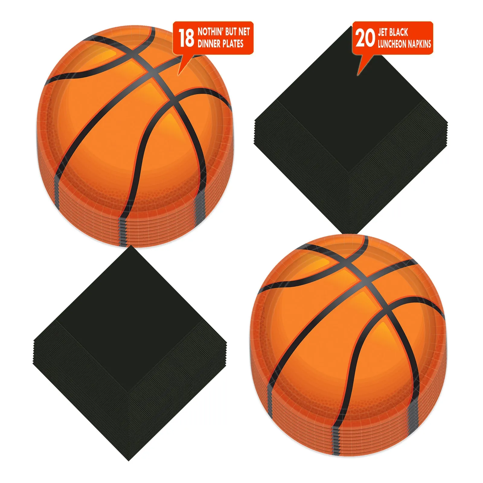 Basketball Party Large Round Paper Dinner Plates and Solid Black Lunch Napkins (Serves 18)