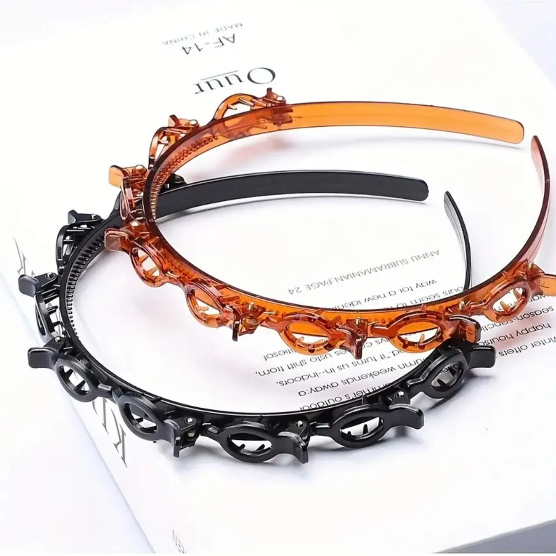 Chic Double-Layer Black Braided Headband Boho Style Resin Hair Clip Set