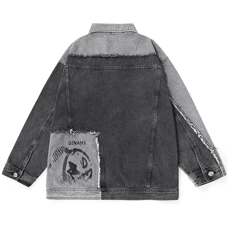 Contrast Patchwork Graffiti Print Raw Hem Denim Jacket