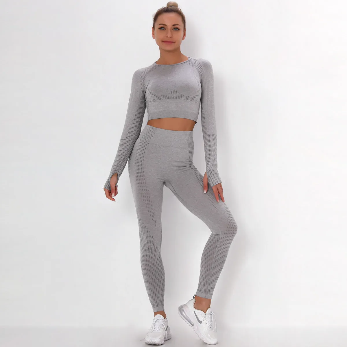 European and American Dot Jacquard Seamless Sports Suit Long Sleeve Gradient Fitness Yoga Wear Skinny Yoga Pants Women