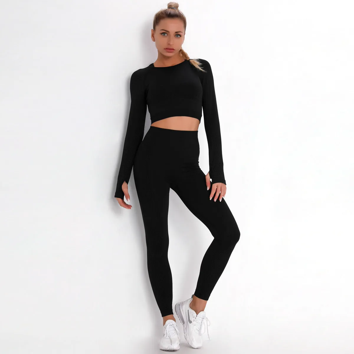 European and American Dot Jacquard Seamless Sports Suit Long Sleeve Gradient Fitness Yoga Wear Skinny Yoga Pants Women