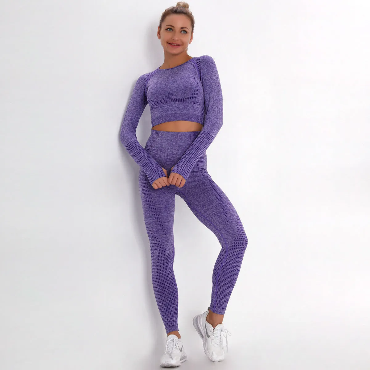 European and American Dot Jacquard Seamless Sports Suit Long Sleeve Gradient Fitness Yoga Wear Skinny Yoga Pants Women