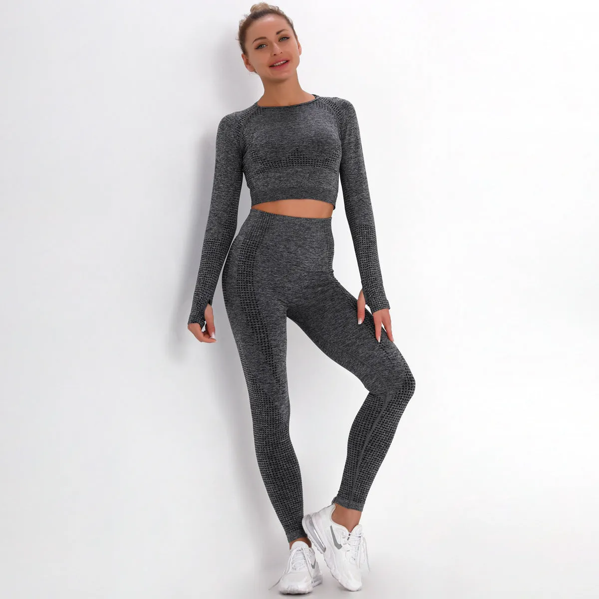 European and American Dot Jacquard Seamless Sports Suit Long Sleeve Gradient Fitness Yoga Wear Skinny Yoga Pants Women