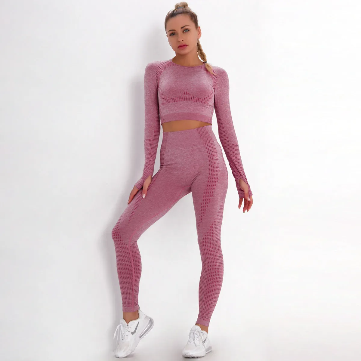 European and American Dot Jacquard Seamless Sports Suit Long Sleeve Gradient Fitness Yoga Wear Skinny Yoga Pants Women