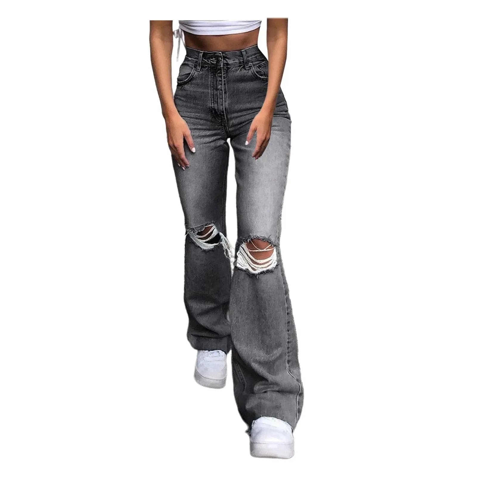 Fashion High Waisted Denim Flare Ripped Holes Jeans Trousers Vintage Straight Baggy Blue Streetwear Women Pants