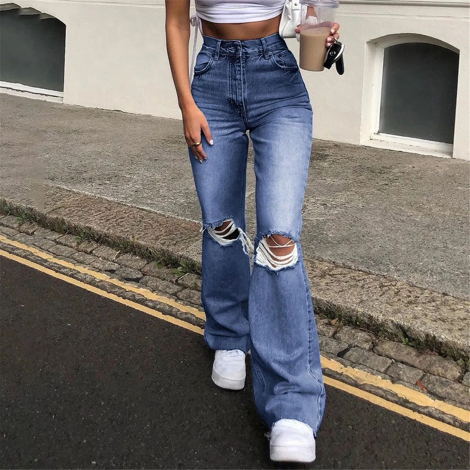 Fashion High Waisted Denim Flare Ripped Holes Jeans Trousers Vintage Straight Baggy Blue Streetwear Women Pants