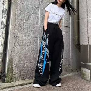 Flytonn-American style retro high street hiphop black letter print high waist casual loose wide legs sweatpants women korean women pants