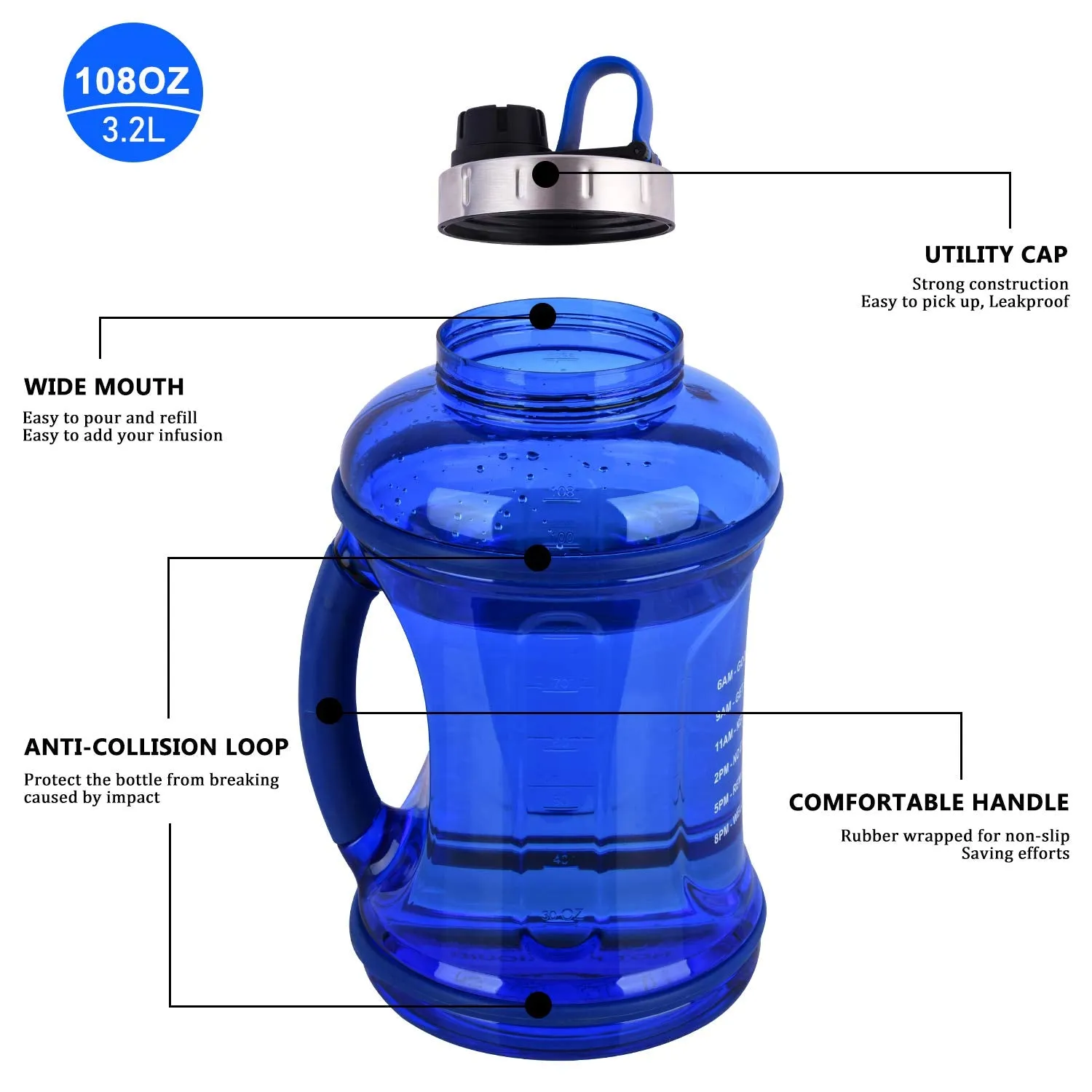 GEEKERBUY 0.9 Gallon Water Bottle Sports Water Jugs Robust 108oz Large Reusable Water Bottles Leak Proof Motivational Plastic Drinking Container for Sport Travel Camping Outdoor