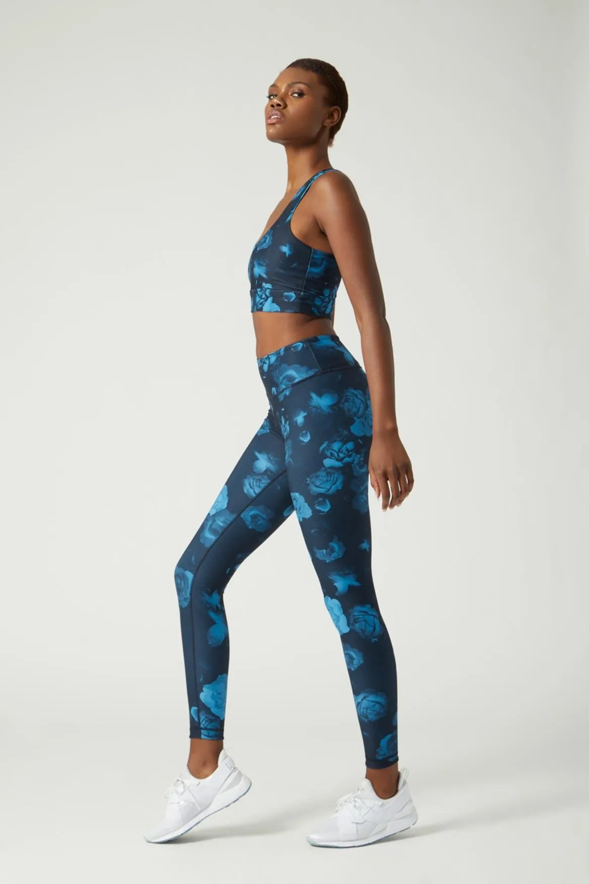 High Waist Reversible Legging Neon Blue Flowers