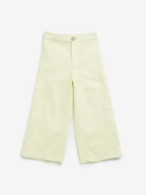 HOP Kids Yellow Mid Rise Embroidered Blended Linen Pants