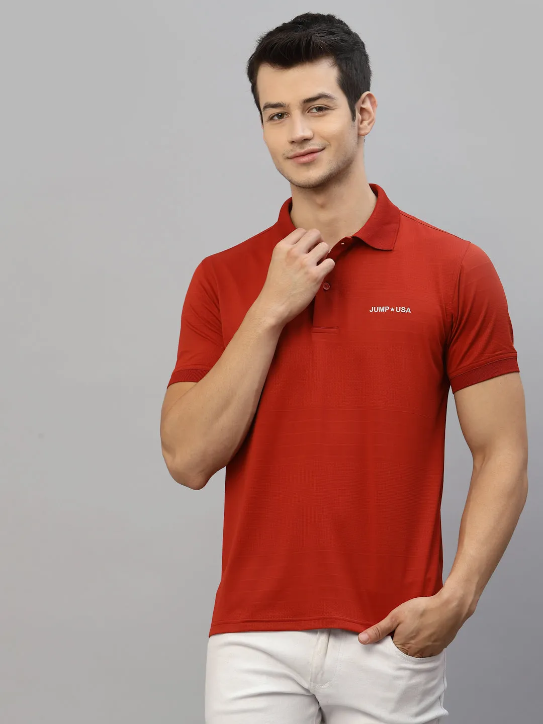 JUMP USA Men Rust Solid Polo Collar Sports  T-Shirt