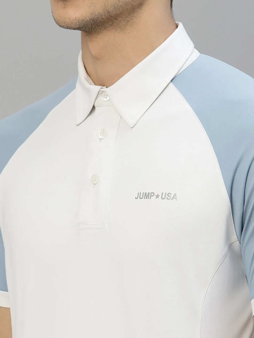 JUMP USA Men White & Cashmere Blue Polo Collar Sports  T-Shirt