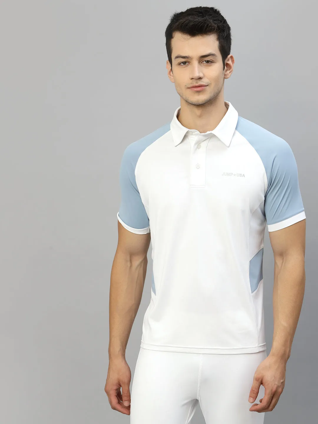 JUMP USA Men White & Cashmere Blue Polo Collar Sports  T-Shirt