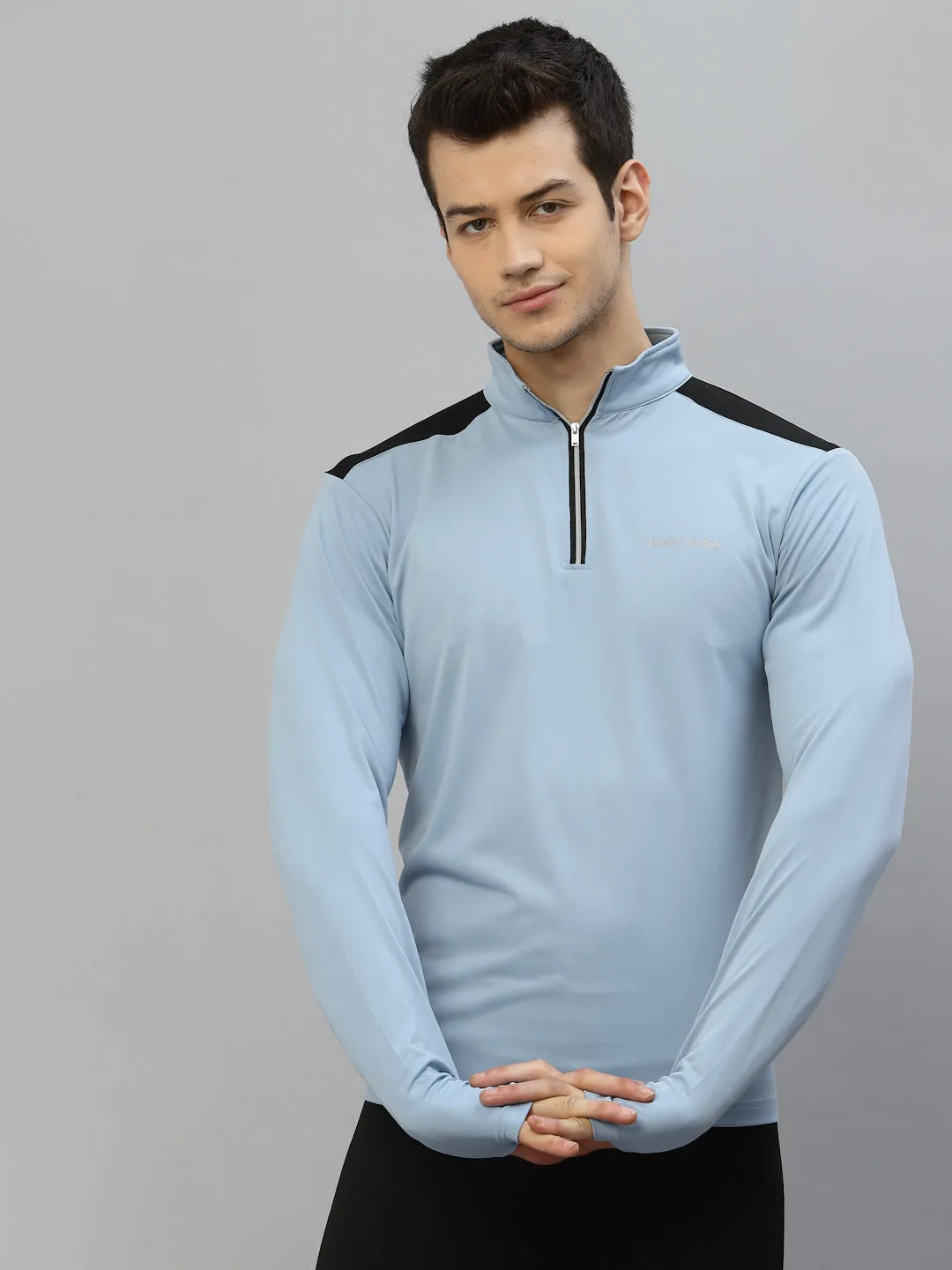 JUMP USA Outdoor Men Cashmere Blue & Black Rapid-Dry Solid T-Shirts