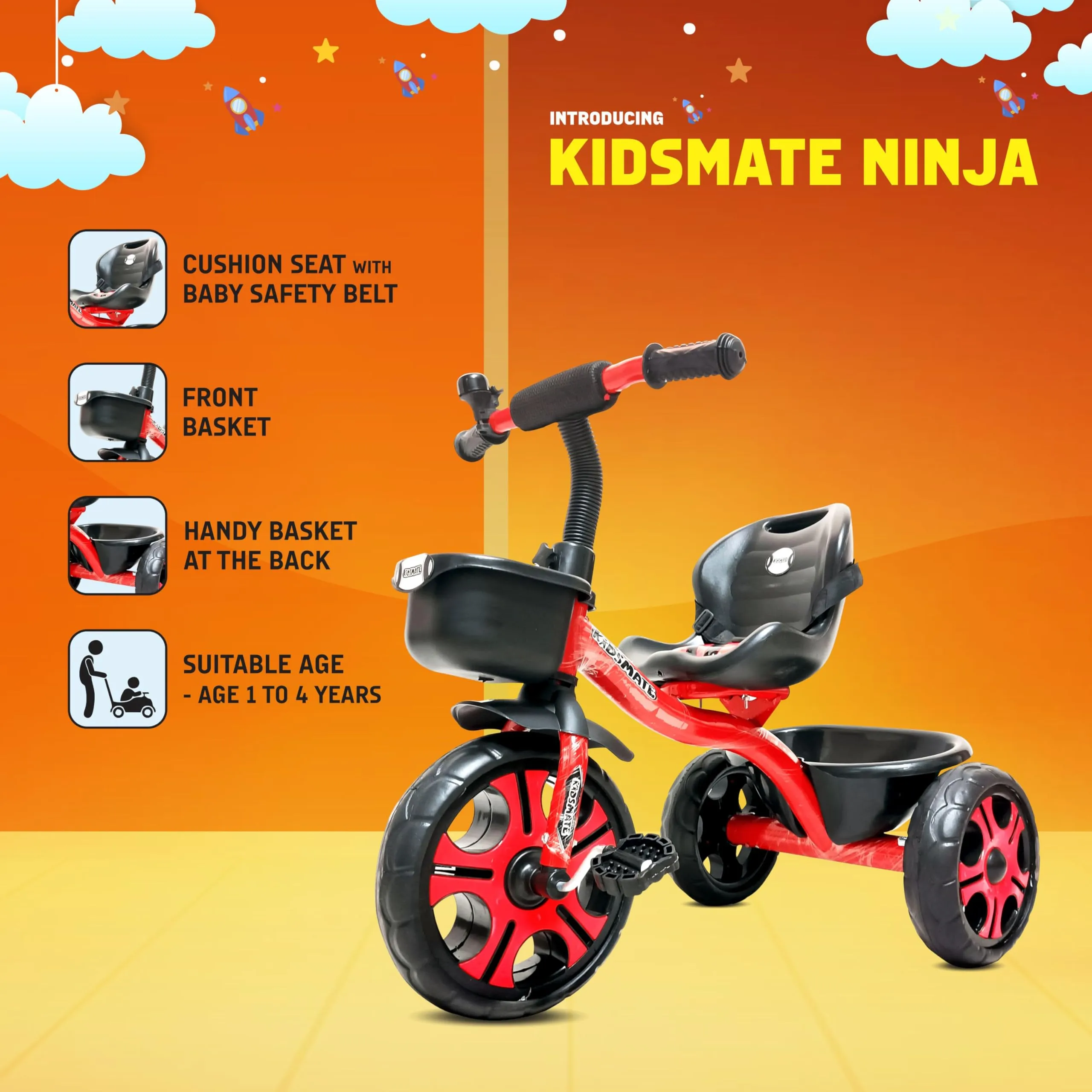 Kidsmate Ninja Plug N Play Durable Kids/Baby Tricycle, Storage Basket, Cushion Seat and Seat Belt for 12 Months to 48 Months Boys/Girls/Carrying Capacity Upto 30 Kgs (Red)