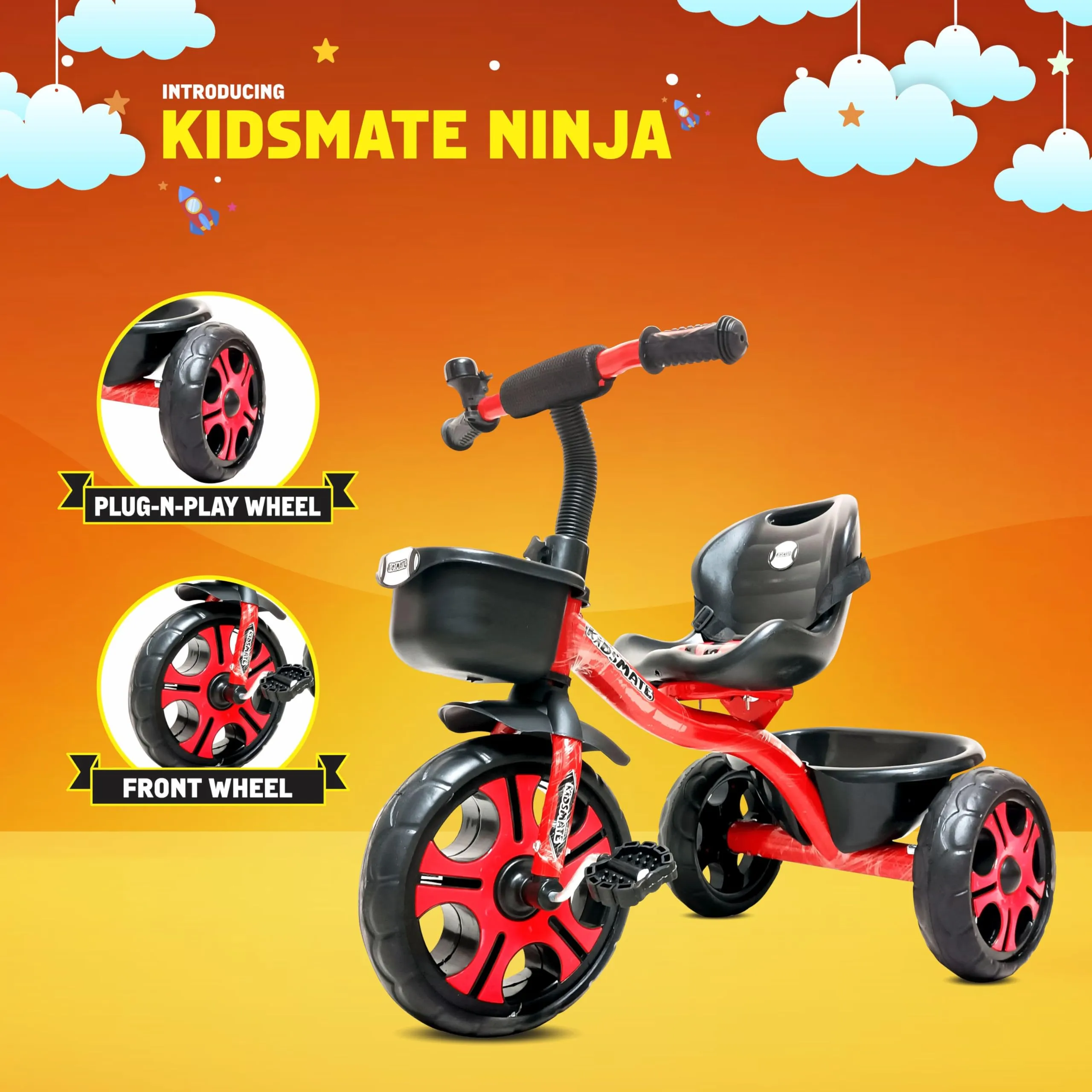 Kidsmate Ninja Plug N Play Durable Kids/Baby Tricycle, Storage Basket, Cushion Seat and Seat Belt for 12 Months to 48 Months Boys/Girls/Carrying Capacity Upto 30 Kgs (Red)