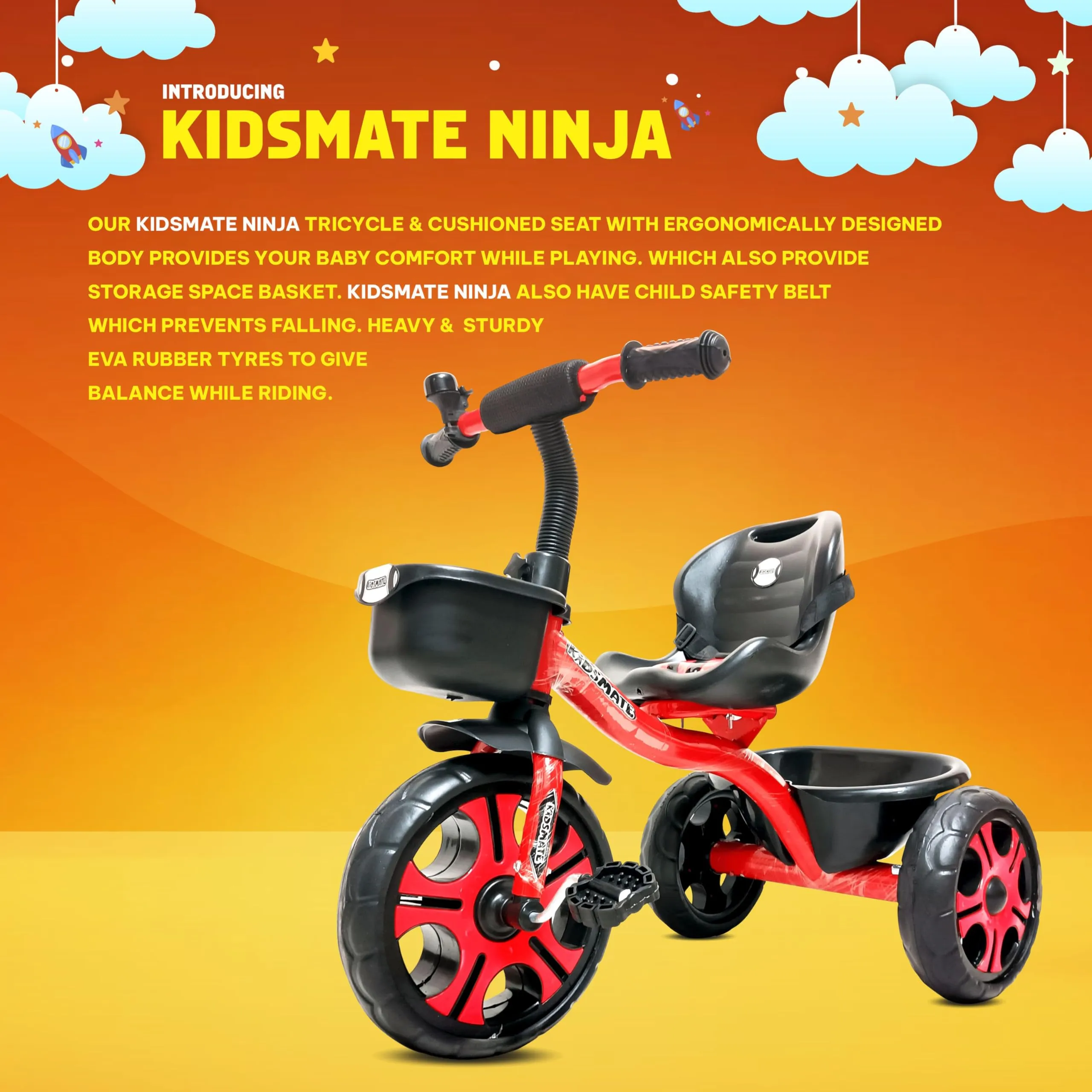 Kidsmate Ninja Plug N Play Durable Kids/Baby Tricycle, Storage Basket, Cushion Seat and Seat Belt for 12 Months to 48 Months Boys/Girls/Carrying Capacity Upto 30 Kgs (Red)