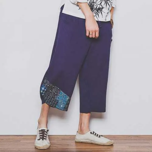 Large Size Pure Color Linen Cotton Tenths Trousers