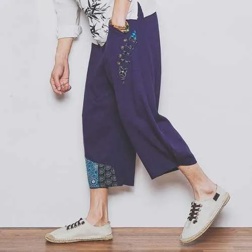 Large Size Pure Color Linen Cotton Tenths Trousers