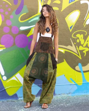 Patchwork Ohm Mandala Baggy Dungarees Green