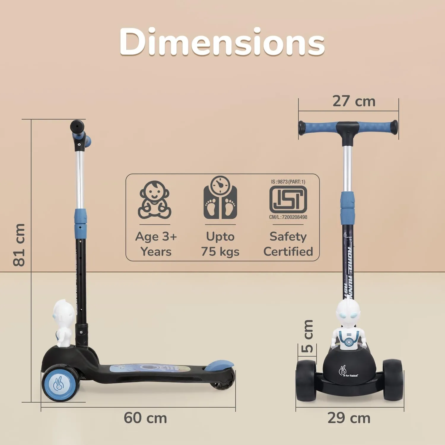 R for Rabbit Road Runner Astro Kids Scooter, Multi Level Adjustable Height, Smart Fold & PU LED Wheels Kick Scooter with Brake for 3  Years Kids, Weight Capacity Upto 75kgs|6 Months Warranty|(Black)