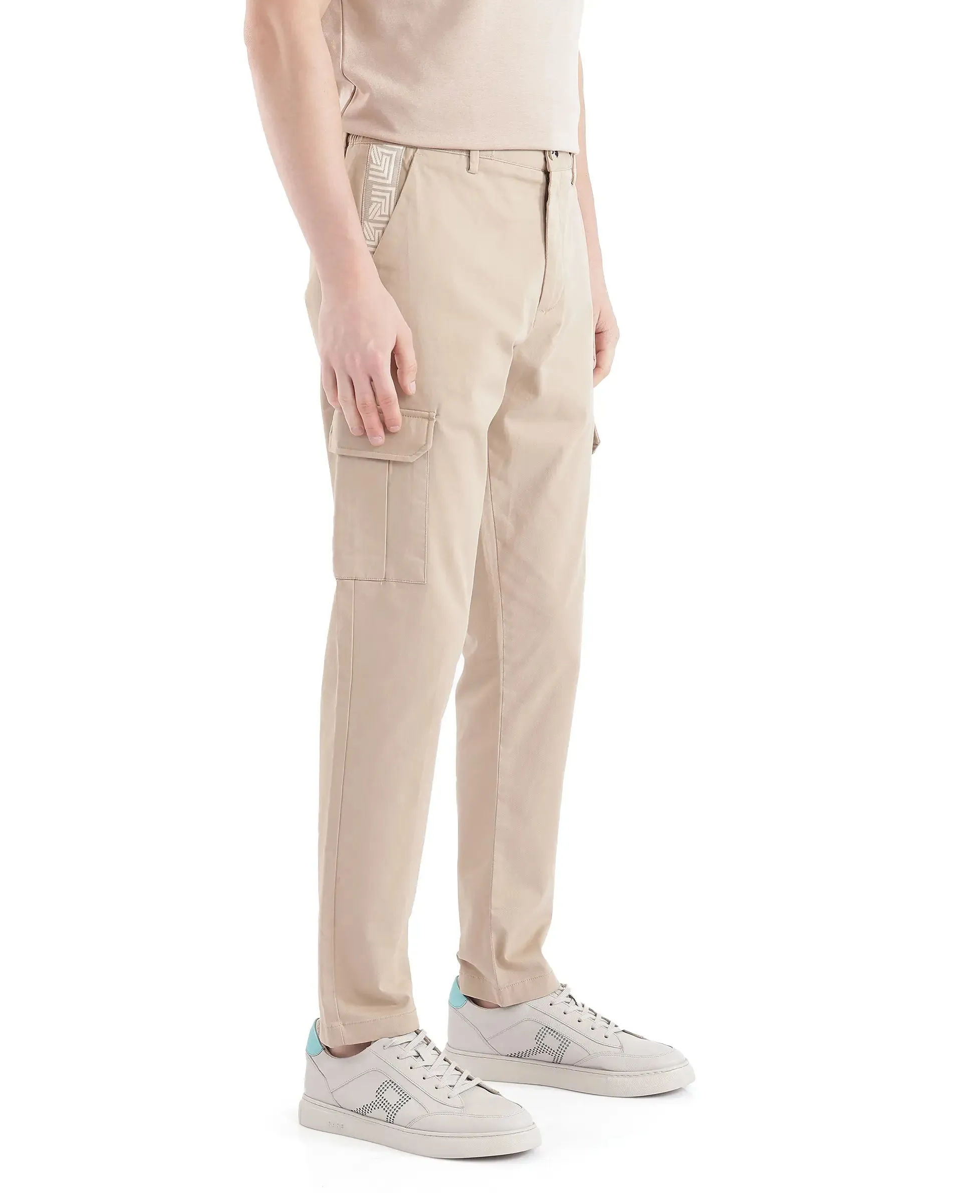 Rare Rabbit Men Nobon Beige Cotton Fabric Signature Monogram Print Regular Fit Cargo Style Trouser