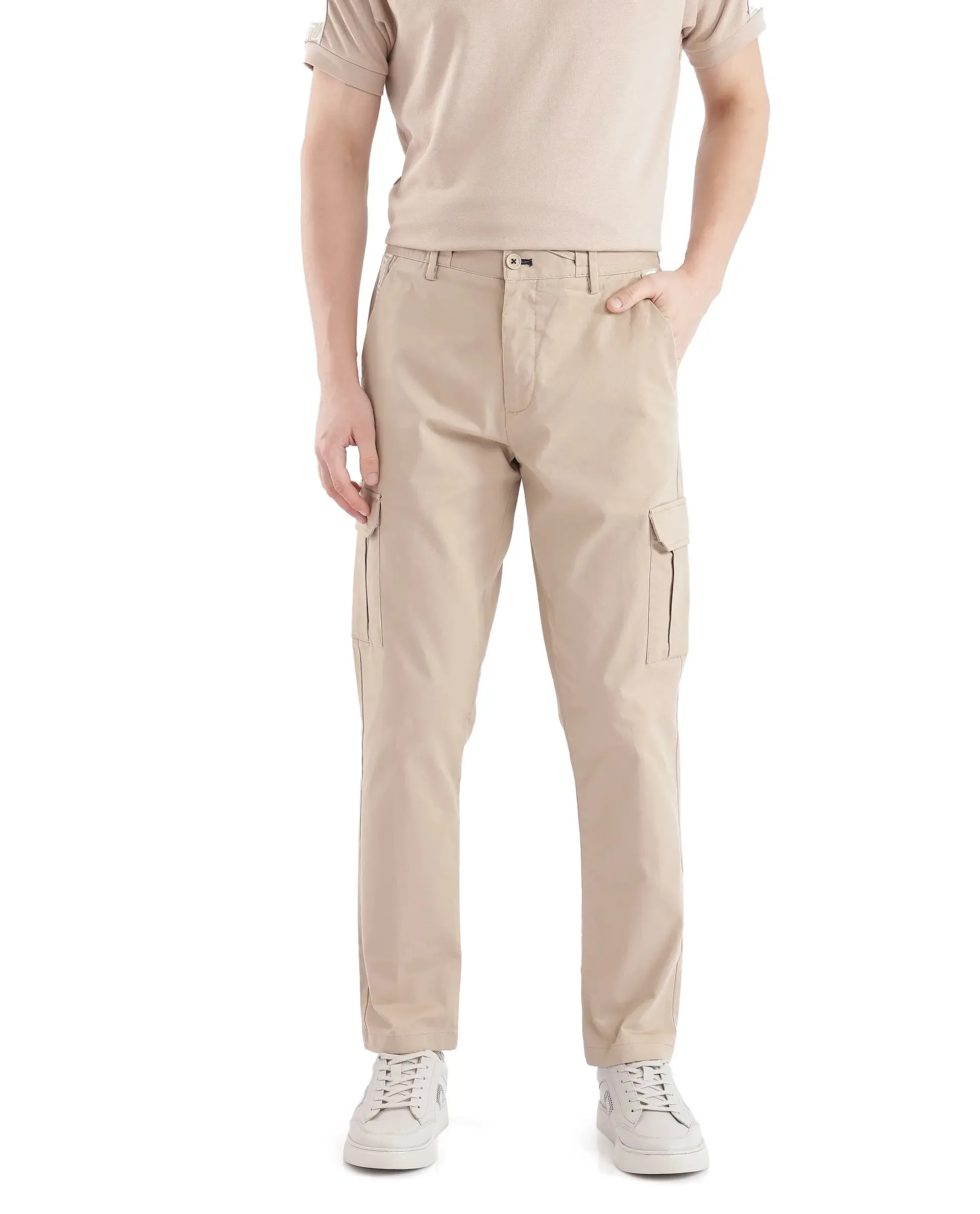 Rare Rabbit Men Nobon Beige Cotton Fabric Signature Monogram Print Regular Fit Cargo Style Trouser