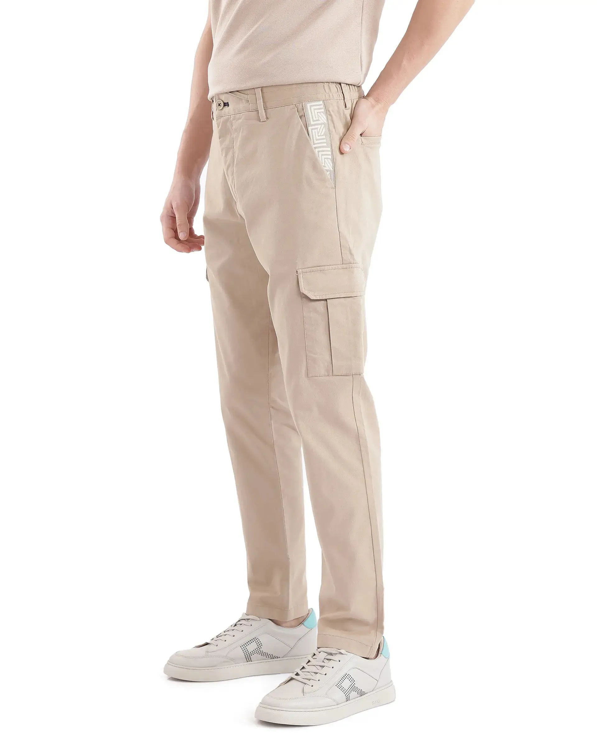 Rare Rabbit Men Nobon Beige Cotton Fabric Signature Monogram Print Regular Fit Cargo Style Trouser