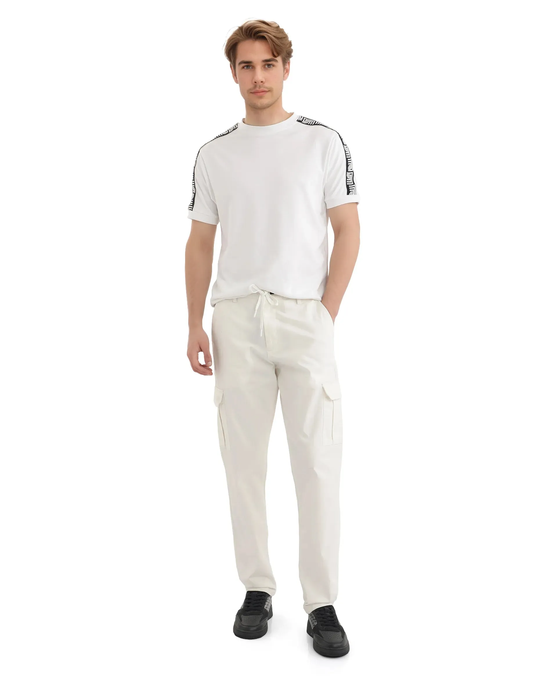 Rare Rabbit Men Nobon White Cotton Fabric Signature Monogram Print Regular Fit Cargo Style Trouser