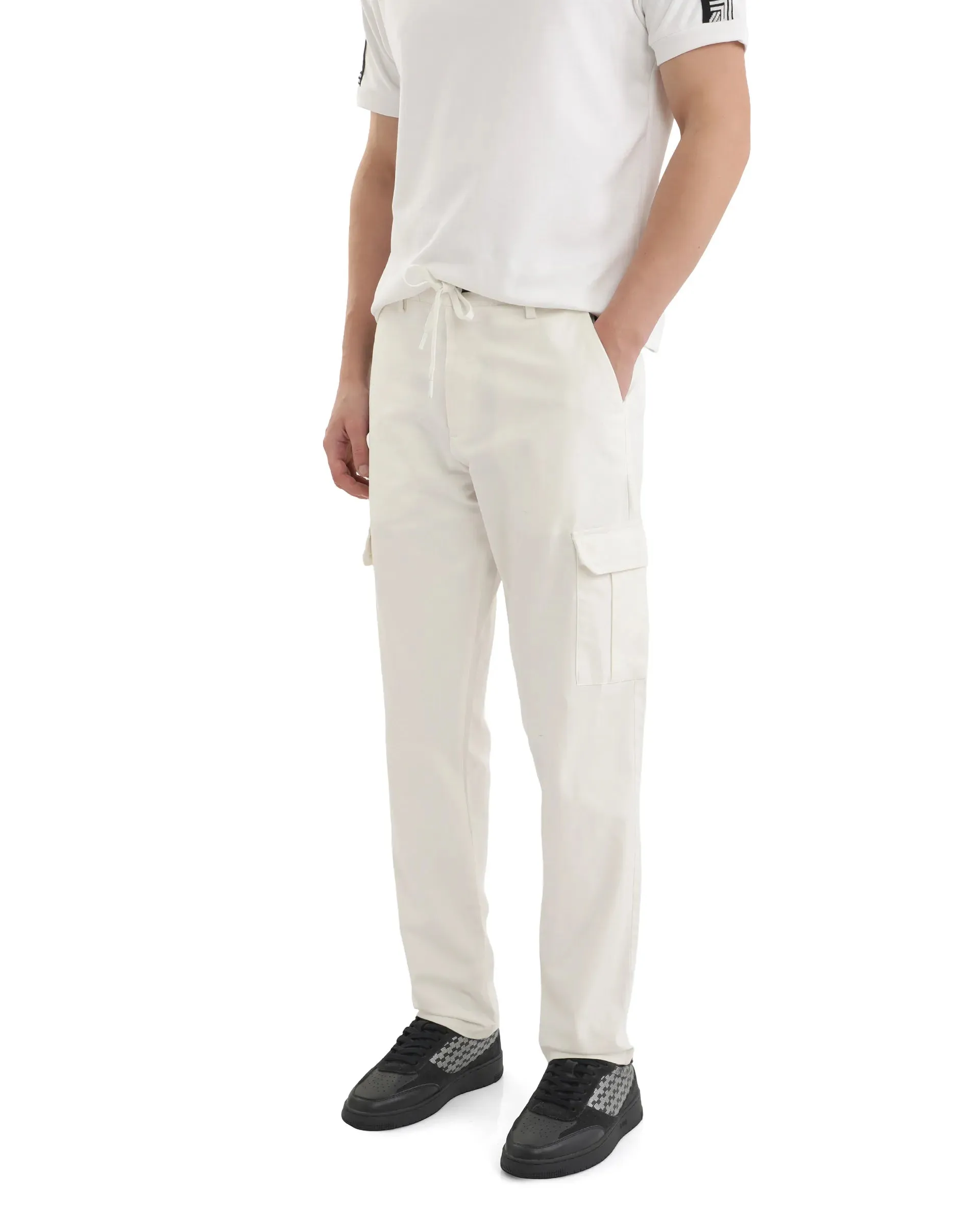 Rare Rabbit Men Nobon White Cotton Fabric Signature Monogram Print Regular Fit Cargo Style Trouser