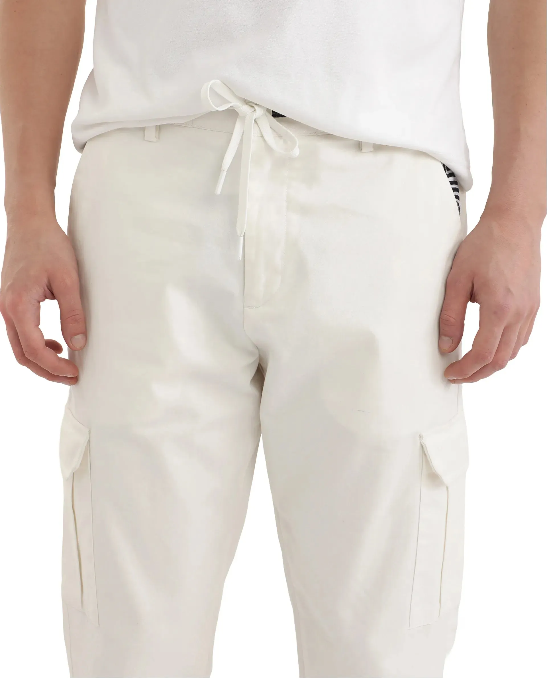 Rare Rabbit Men Nobon White Cotton Fabric Signature Monogram Print Regular Fit Cargo Style Trouser