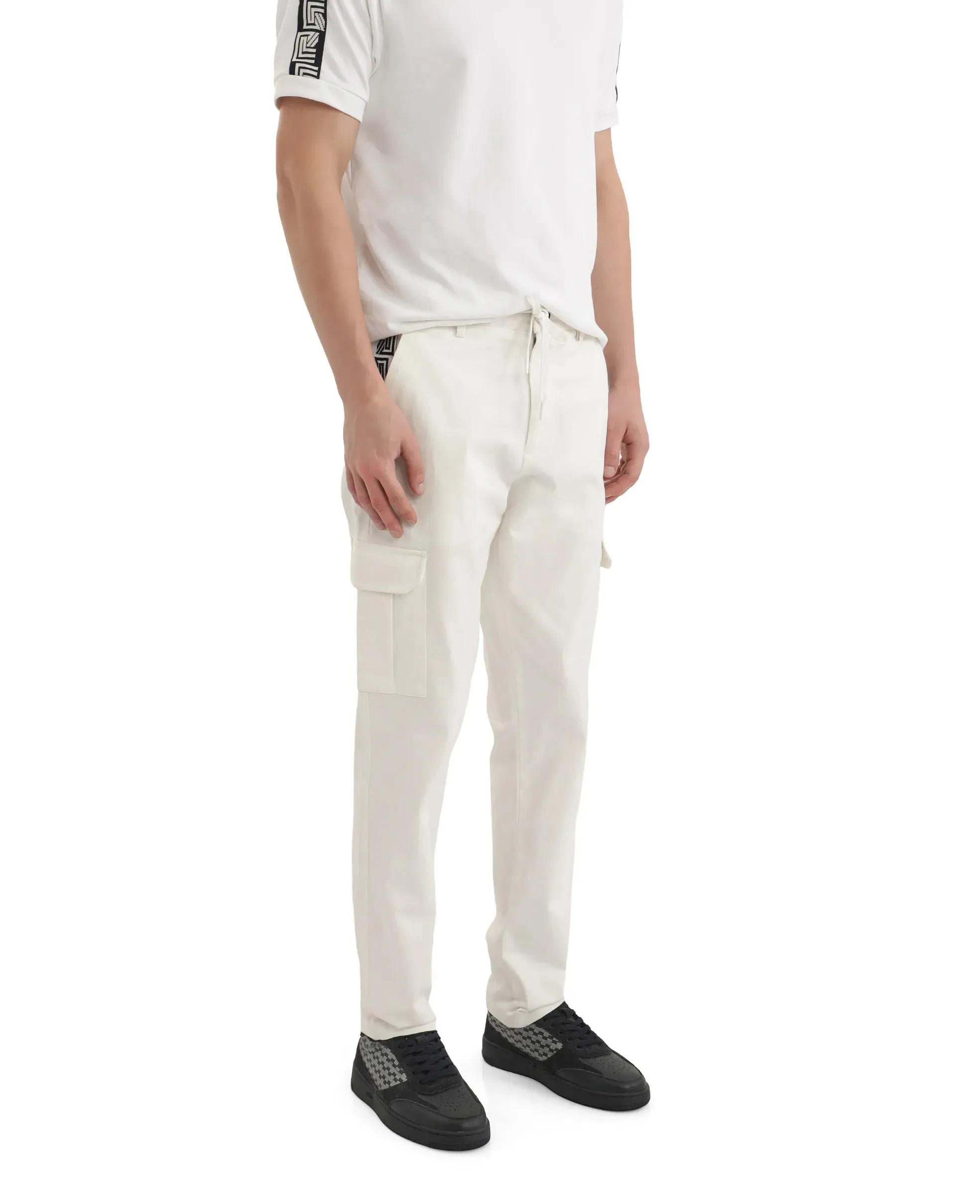 Rare Rabbit Men Nobon White Cotton Fabric Signature Monogram Print Regular Fit Cargo Style Trouser