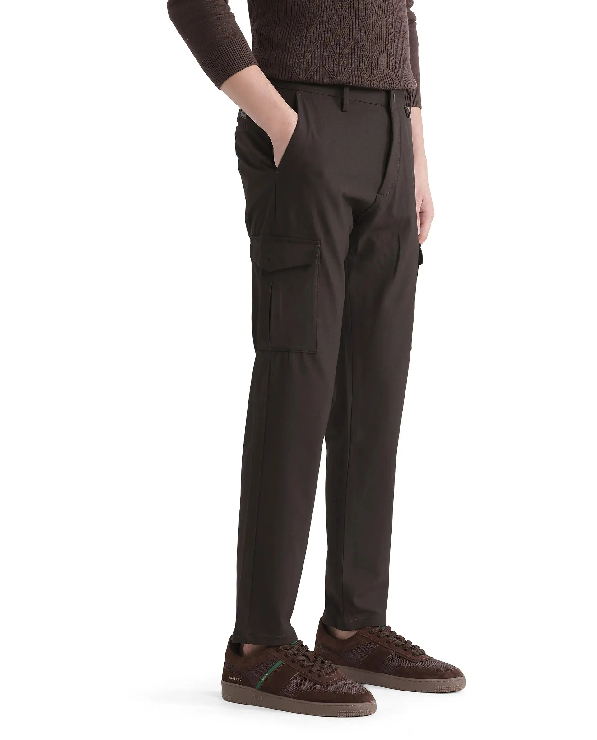 Rare Rabbit Men Traco Dark Brown Button And Zip Closure Plain Trouser