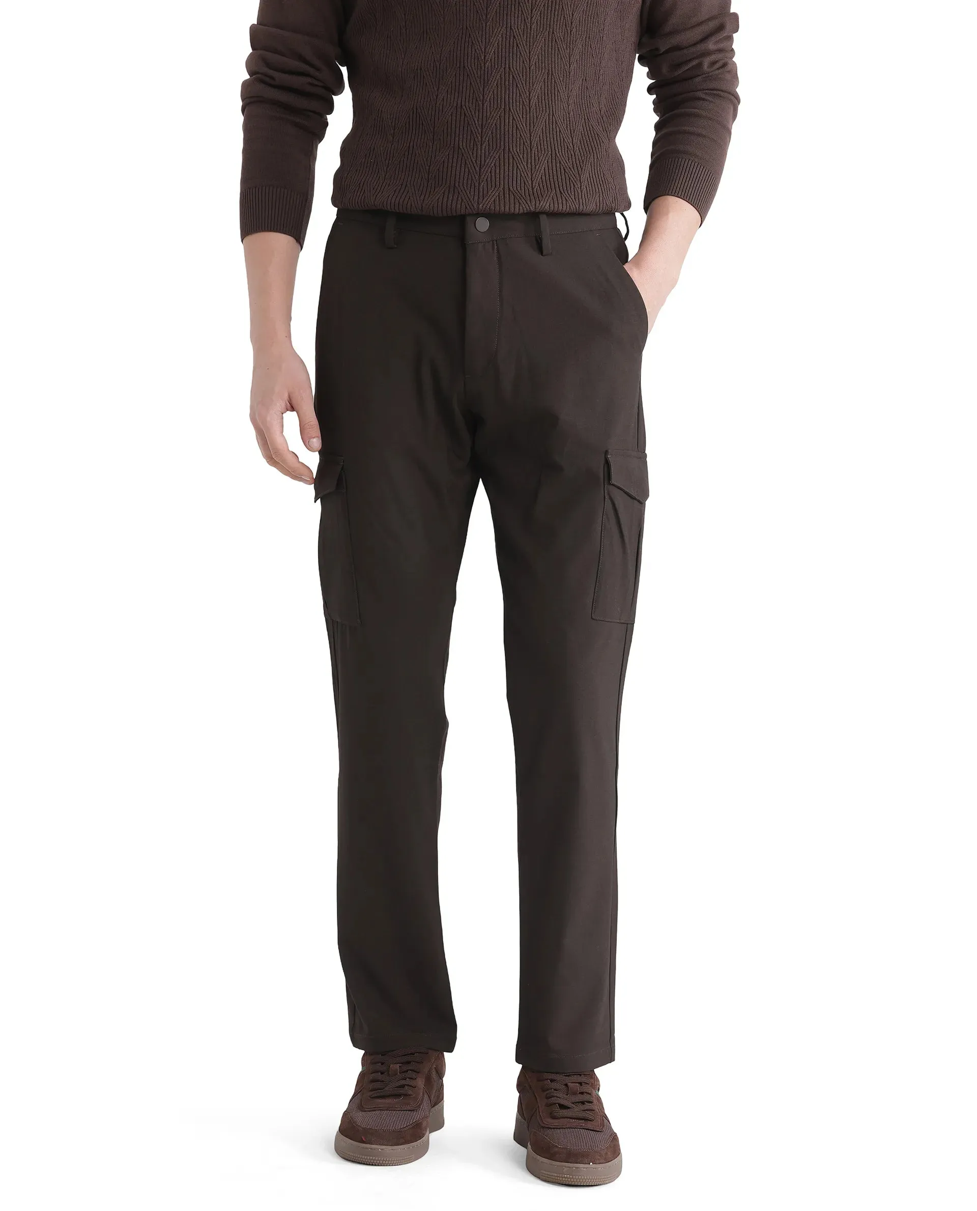 Rare Rabbit Men Traco Dark Brown Button And Zip Closure Plain Trouser