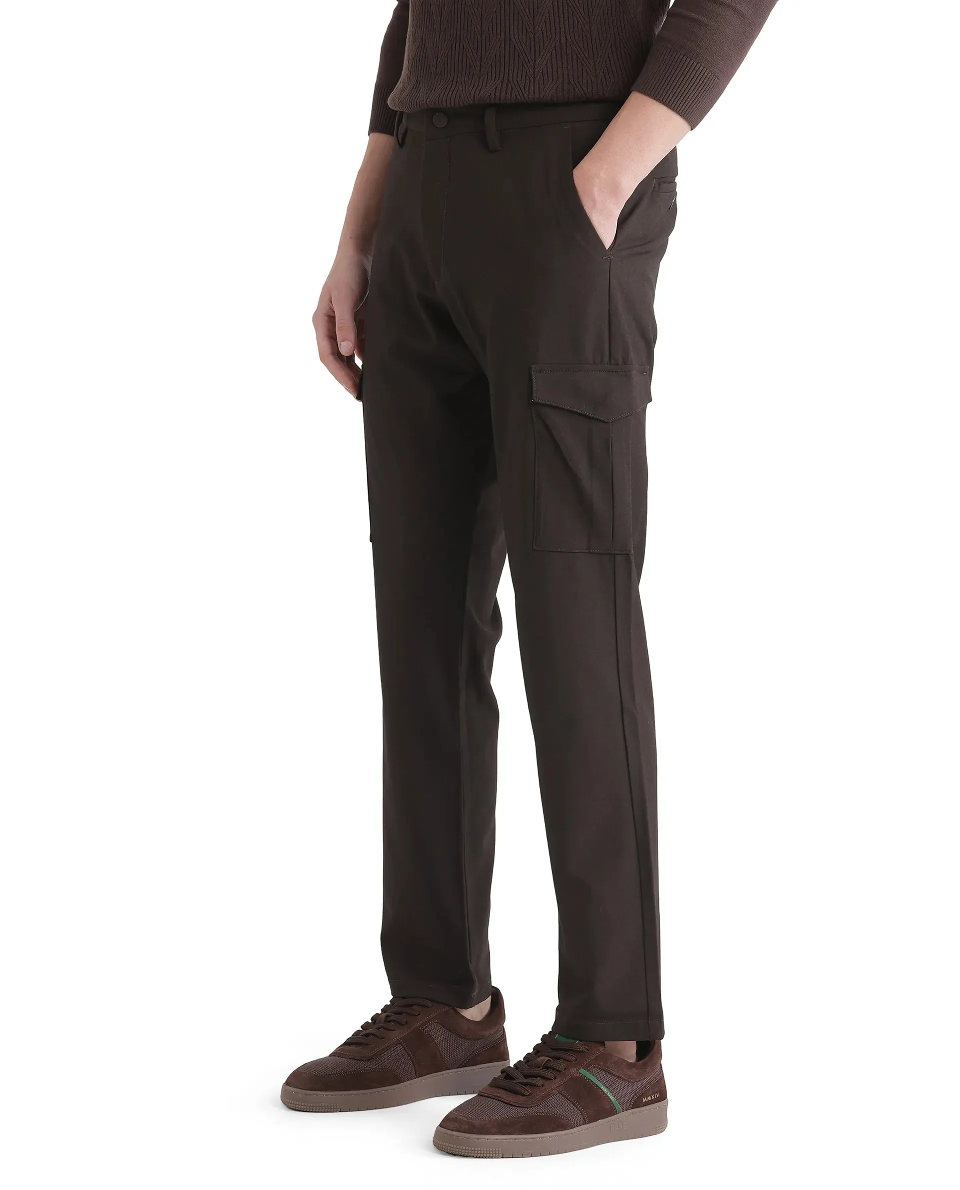 Rare Rabbit Men Traco Dark Brown Button And Zip Closure Plain Trouser