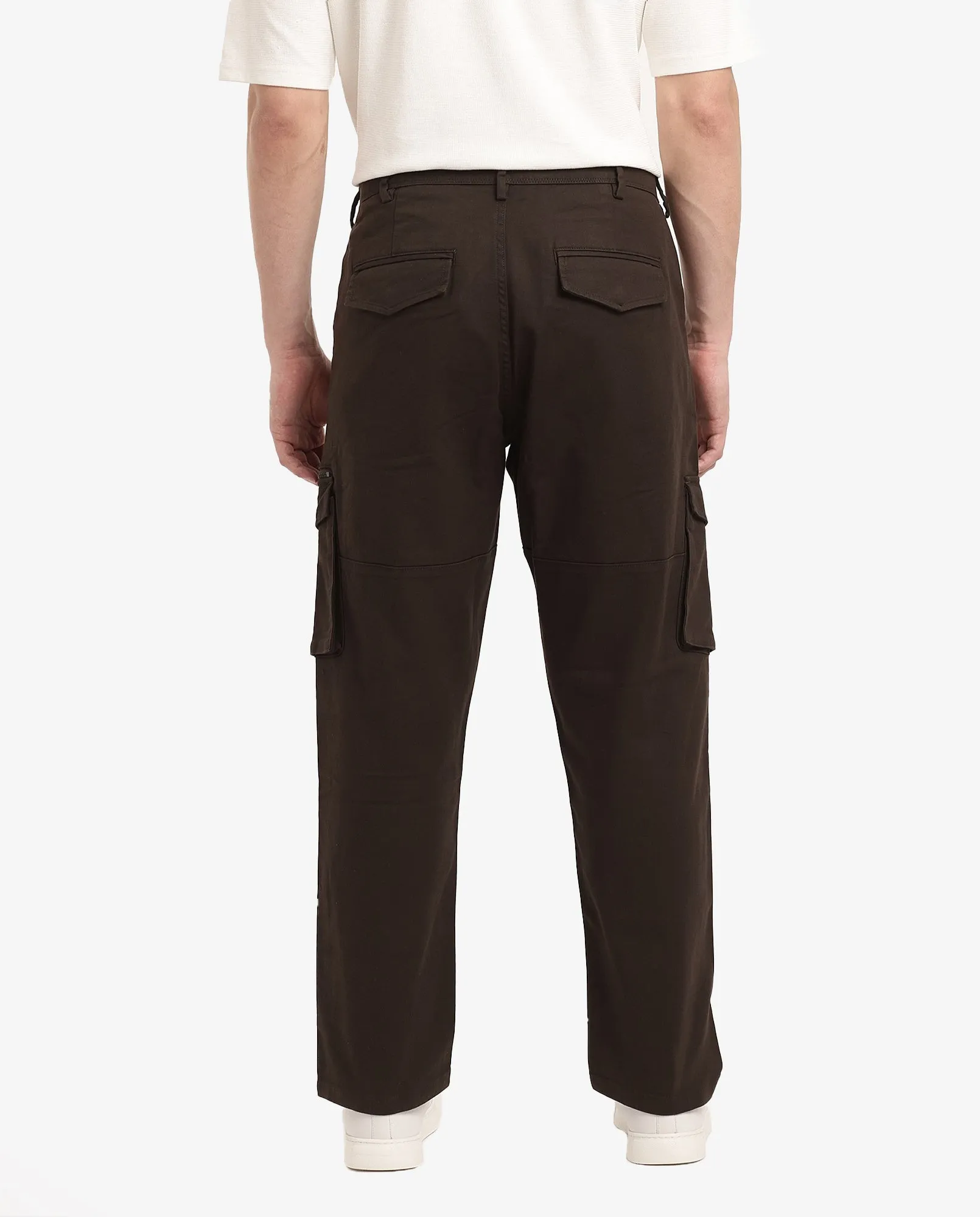 Rare Rabbit Men's Dima Dark Brown Cotton Elastane Fabric Button And Zip Closure Cargo Trouser