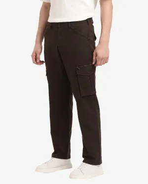 Rare Rabbit Men's Dima Dark Brown Cotton Elastane Fabric Button And Zip Closure Cargo Trouser