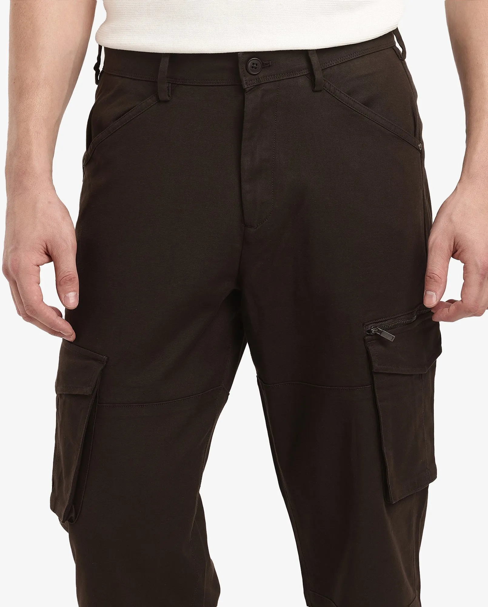 Rare Rabbit Men's Dima Dark Brown Cotton Elastane Fabric Button And Zip Closure Cargo Trouser