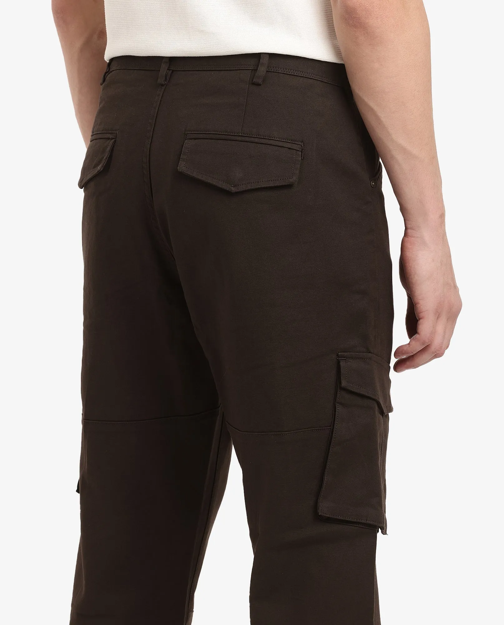 Rare Rabbit Men's Dima Dark Brown Cotton Elastane Fabric Button And Zip Closure Cargo Trouser