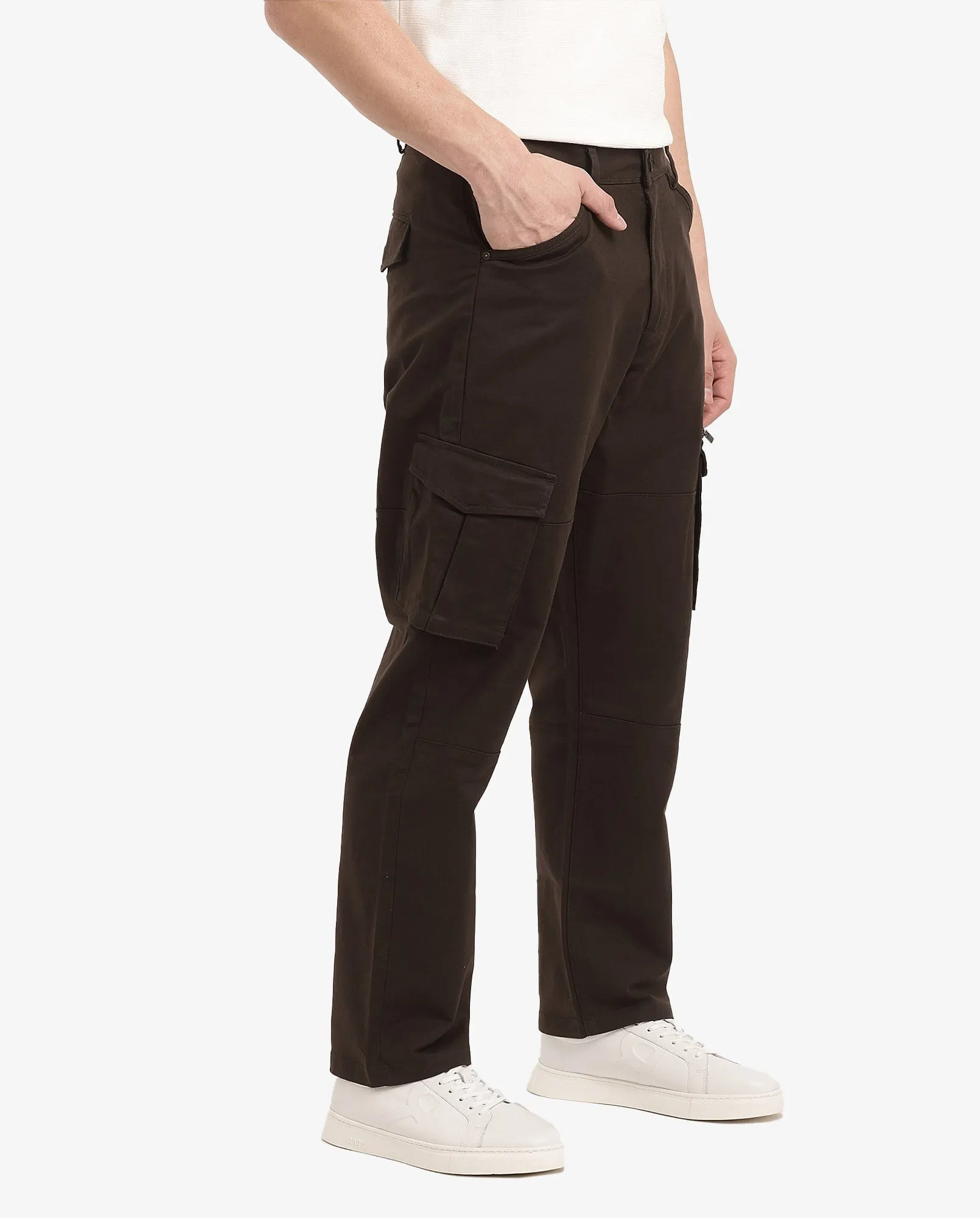 Rare Rabbit Men's Dima Dark Brown Cotton Elastane Fabric Button And Zip Closure Cargo Trouser