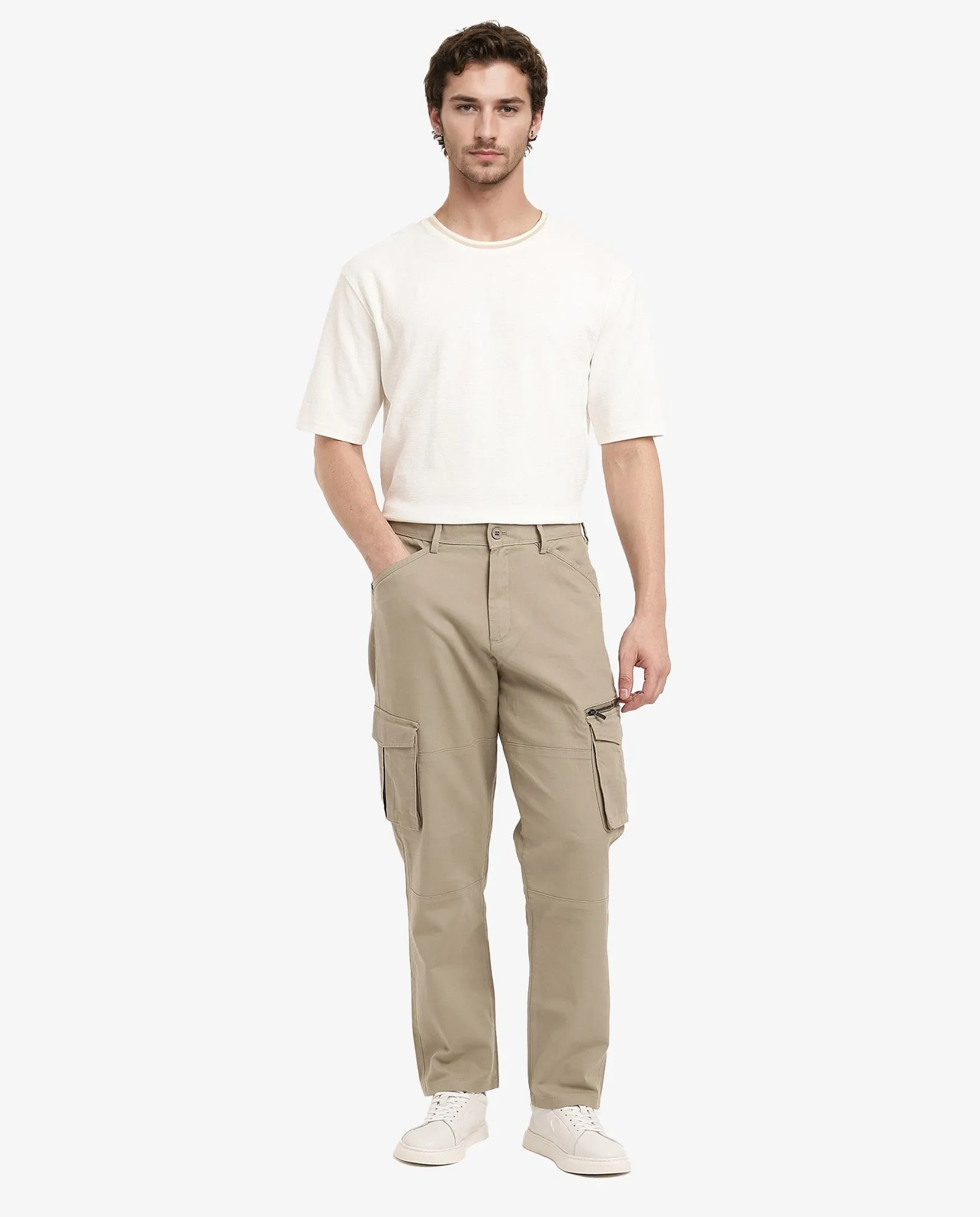 Rare Rabbit Men's Dima Light Olive Cotton Elastane Fabric Button And Zip Closure Cargo Trouser