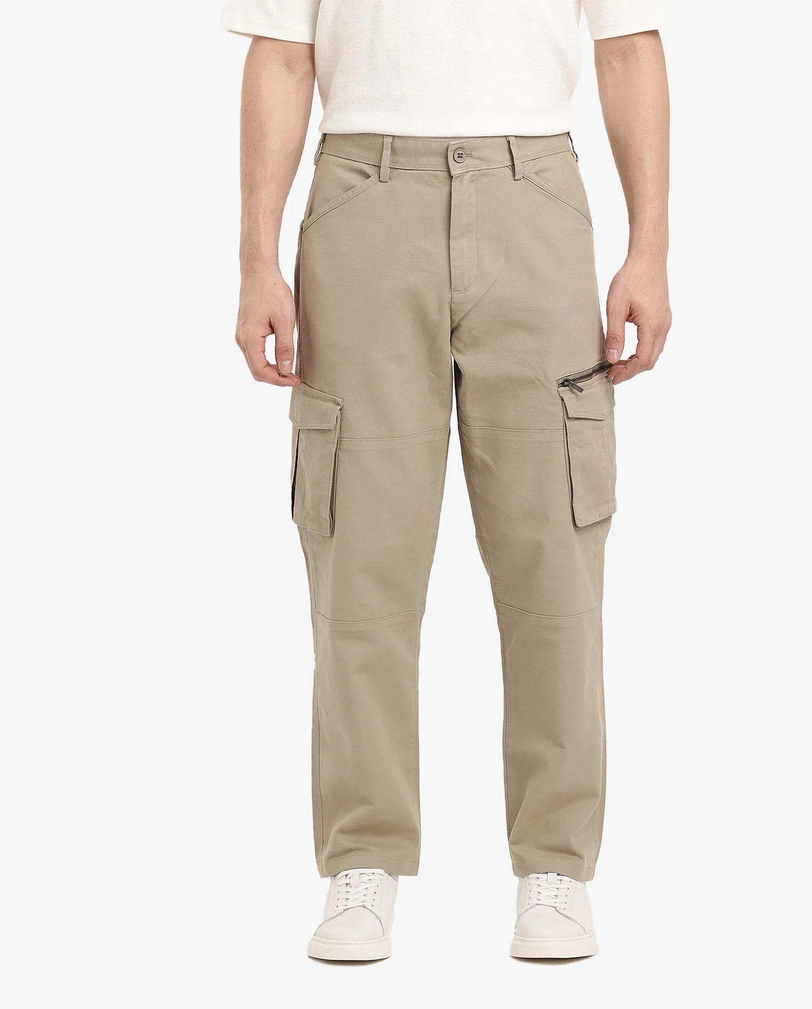 Rare Rabbit Men's Dima Light Olive Cotton Elastane Fabric Button And Zip Closure Cargo Trouser