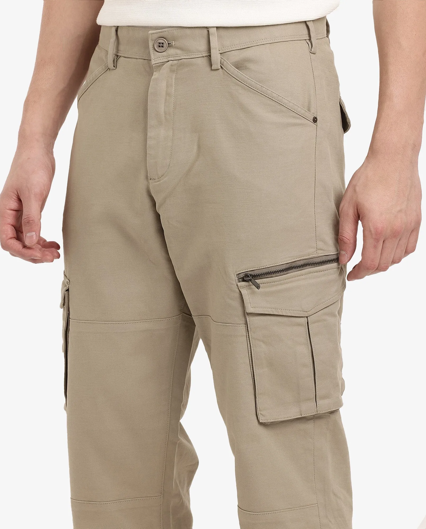 Rare Rabbit Men's Dima Light Olive Cotton Elastane Fabric Button And Zip Closure Cargo Trouser