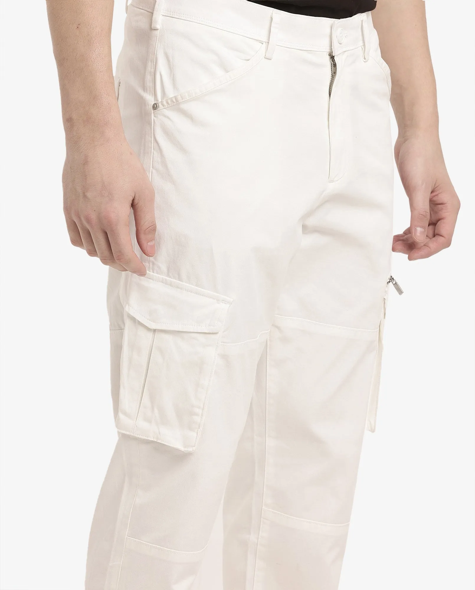 Rare Rabbit Men's Dima White Cotton Elastane Fabric Button And Zip Closure Cargo Trouser