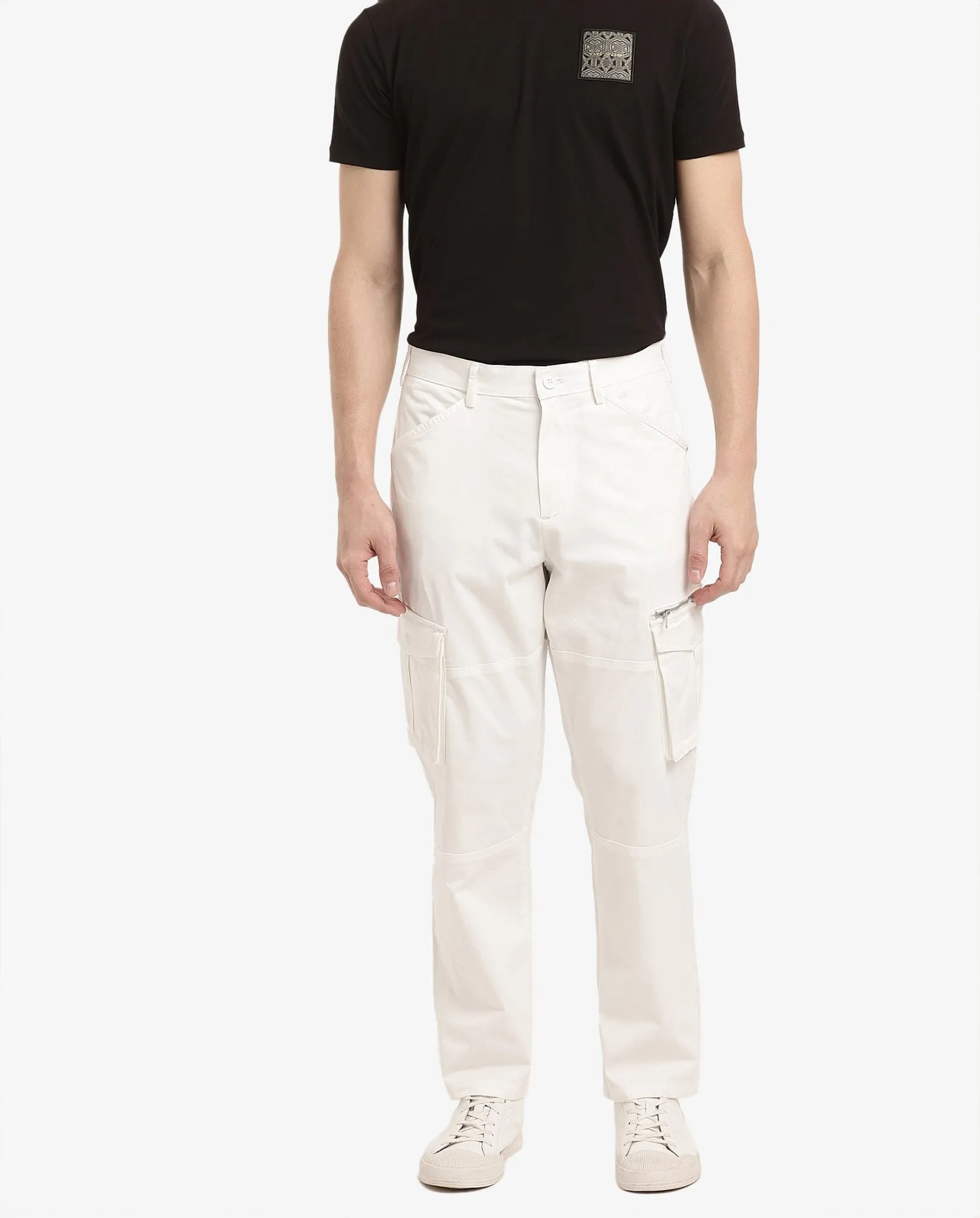 Rare Rabbit Men's Dima White Cotton Elastane Fabric Button And Zip Closure Cargo Trouser