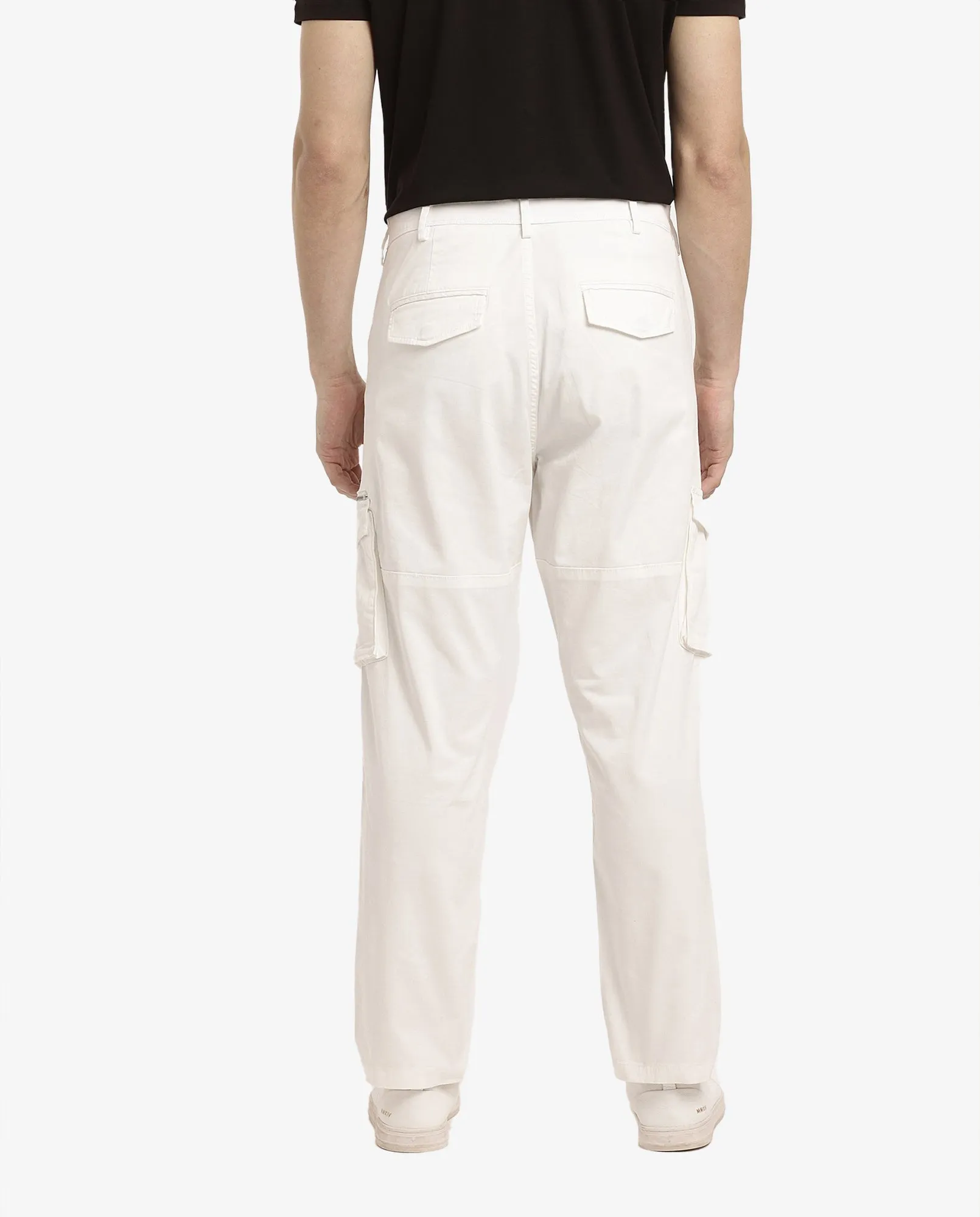 Rare Rabbit Men's Dima White Cotton Elastane Fabric Button And Zip Closure Cargo Trouser