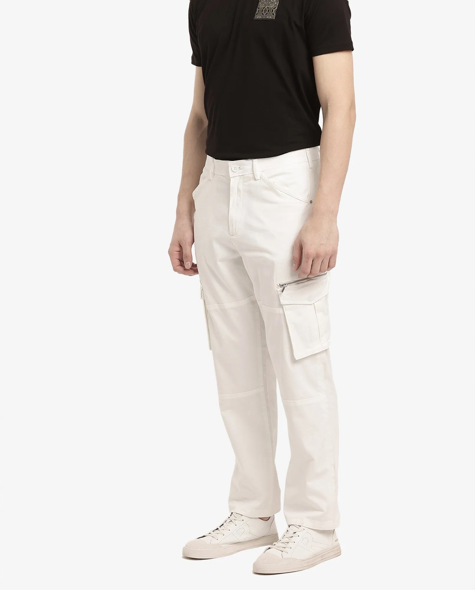 Rare Rabbit Men's Dima White Cotton Elastane Fabric Button And Zip Closure Cargo Trouser